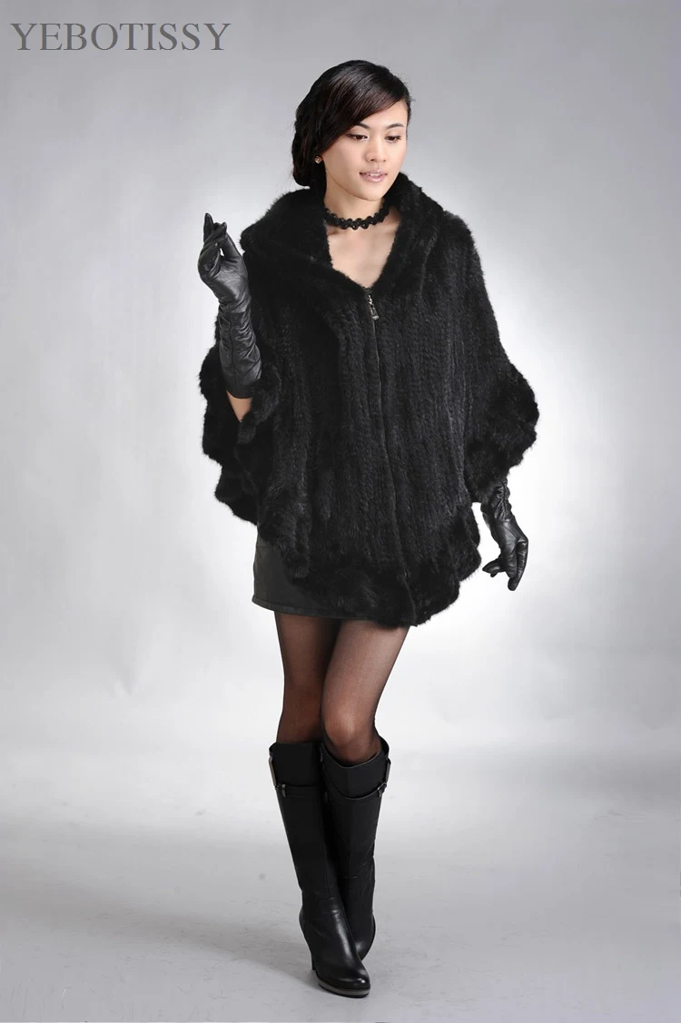 Модное женское Вязаное пончо из натурального меха норки с капюшоном на молнии, накидка, шали и накидки для женщин на осень и зиму черного цвета