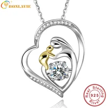 BONLAVIE 925 Chapados En Oro de Amor de La Joyería de Plata de La Madre Mamá Mantenga Bebé Familia Corazón Colgante de Collar de Cadena