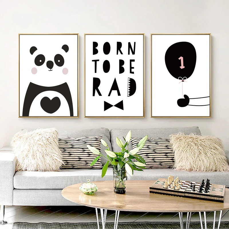 Black And White Cartoon Panda Wall Art Children Canvas Painting Poster
