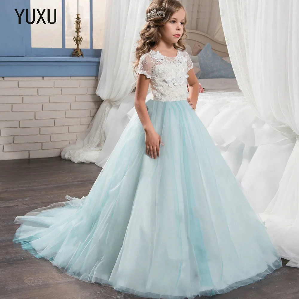 

christmas kids girls dress flower girl party wedding lace appliques ball gown princess long tulle dress girl blue elegant dress