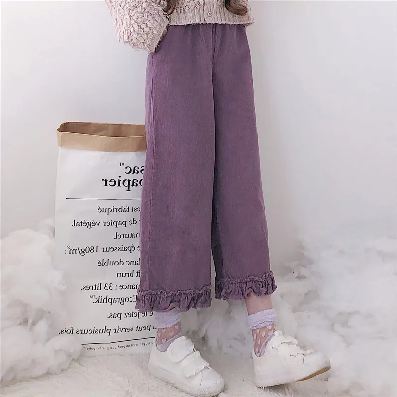 

Japanese Fall Winter Women Lolita Style Pants Purple Khaki Corduroy Wide Leg Pants Preppy School Girl Cute Kawaii Ruffles Capris