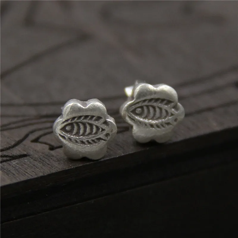 Handmade Silver S925 Sterling Girls Earrings Vintage Ethnic Style Small Fish Flower Shape Stud | Украшения и аксессуары