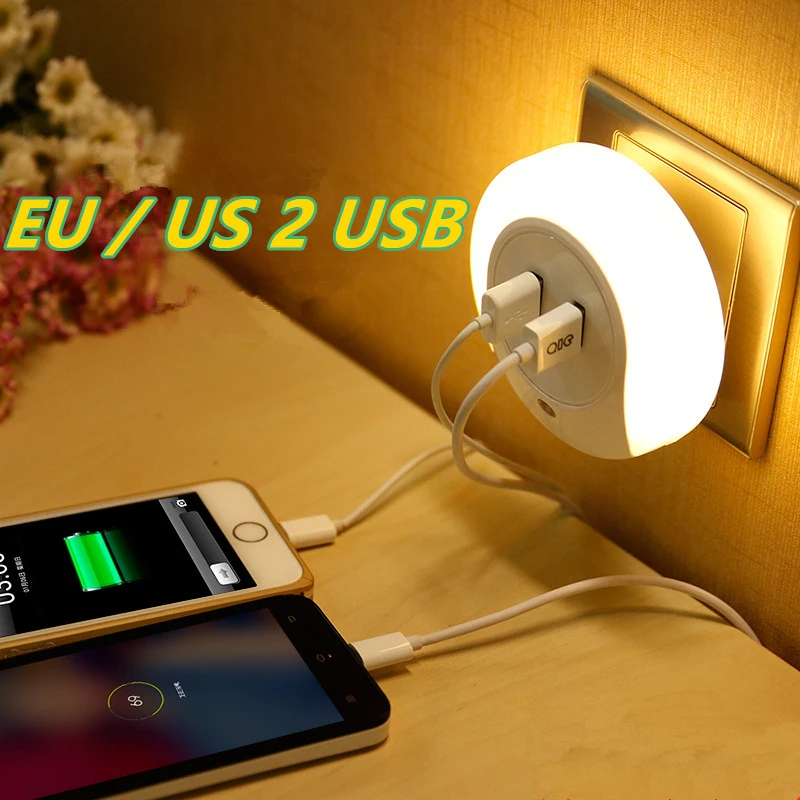 

2W 220V Creative multi-socket LED sensor LED night light bedside lamp bedroom intelligent light control with dual USB charger