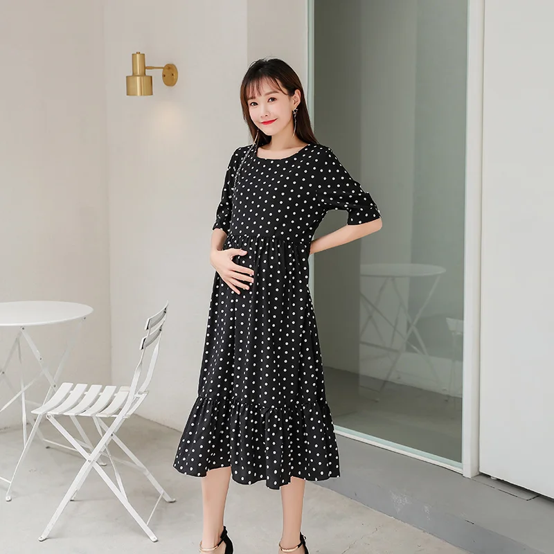 

Fashion Dot Pregnancy Long Dresses Clothes for Pregnant Women Korean Loose Plus Size Maternity Long Dress Summer Causal Clothing