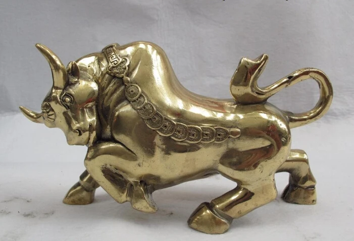 

Chinese Folk Copper Bronze Fengshui Lucky Wealth Coin Cattle bull Wild ox Statue