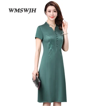 

2019 Summer Dresses New Fashion Elegant Robe Vintage Embroidery Silk Dresses Luxury Office Wear Knee-Length Plus Size Dress