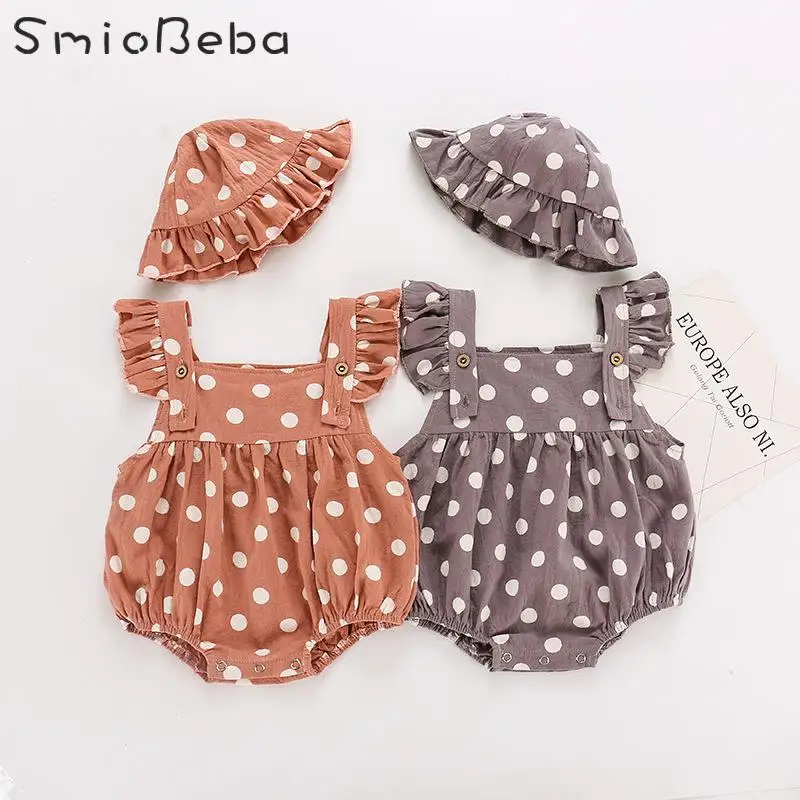 

Summer Style Baby Jumpsuit Boys Girl Rompers Clothes with Dot Straps Girl's Cotton Butt-coat And Hat 2PCS Sets Jumpsuit Toddler