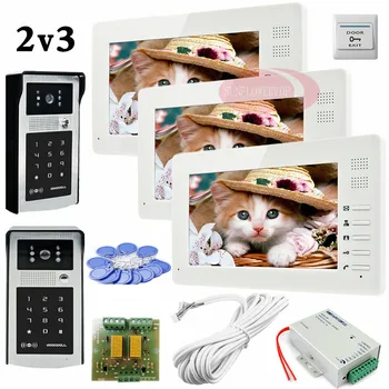 

Free Shipping 2 HD 700lines Cameras Code And RFID Cards Unlock 3 Monitors 7" LCD Video DoorPhone Intercom System Doorbells