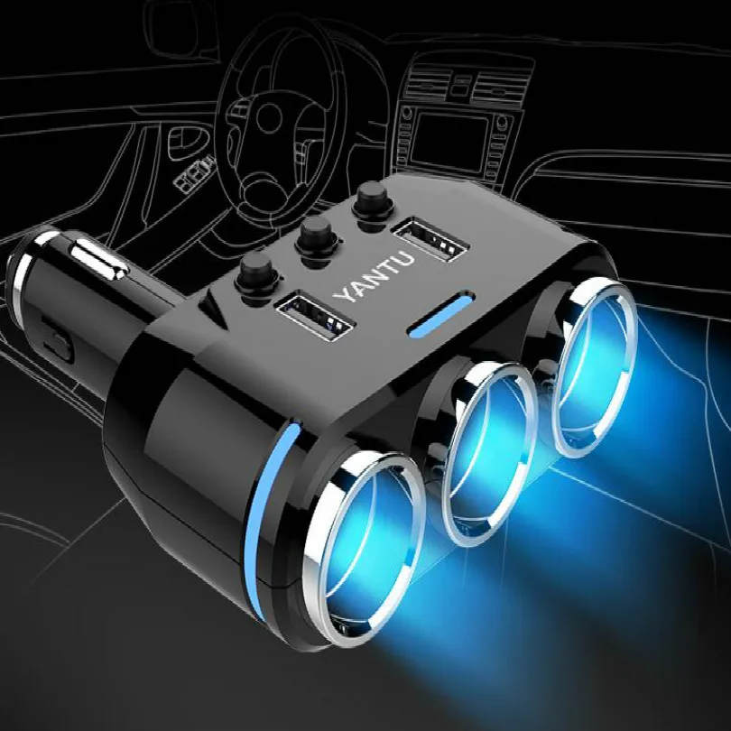 

universal 12v 24v 100w dual usb auto led car splitter cigarette lighter socket 1 turn to 3 with Independent switch