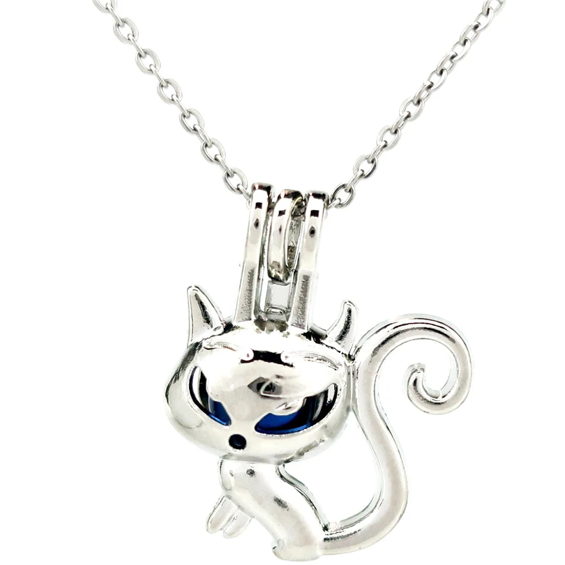 

K909 Silver Alloy Cute Cartoon Fox Beads Pearl Cage Pendant Chain Aroma Essential Oil Diffuser Locket Necklace