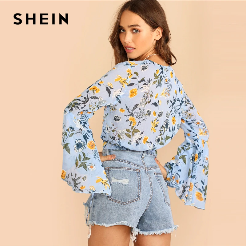 Женская блузка с длинным рукавом SHEIN синяя и бантом спереди 2019|Блузки| |