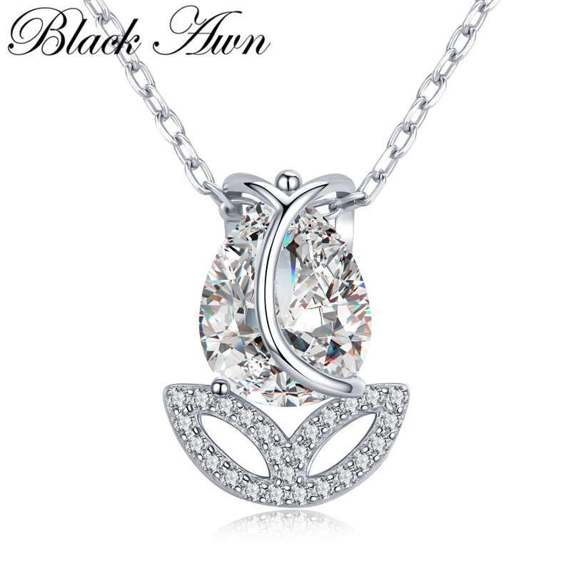 BLACK AWN New 925 Sterling Silver Jewelry Tulip Flower Elegant Necklaces Pendants Party Gift Bijoux K023