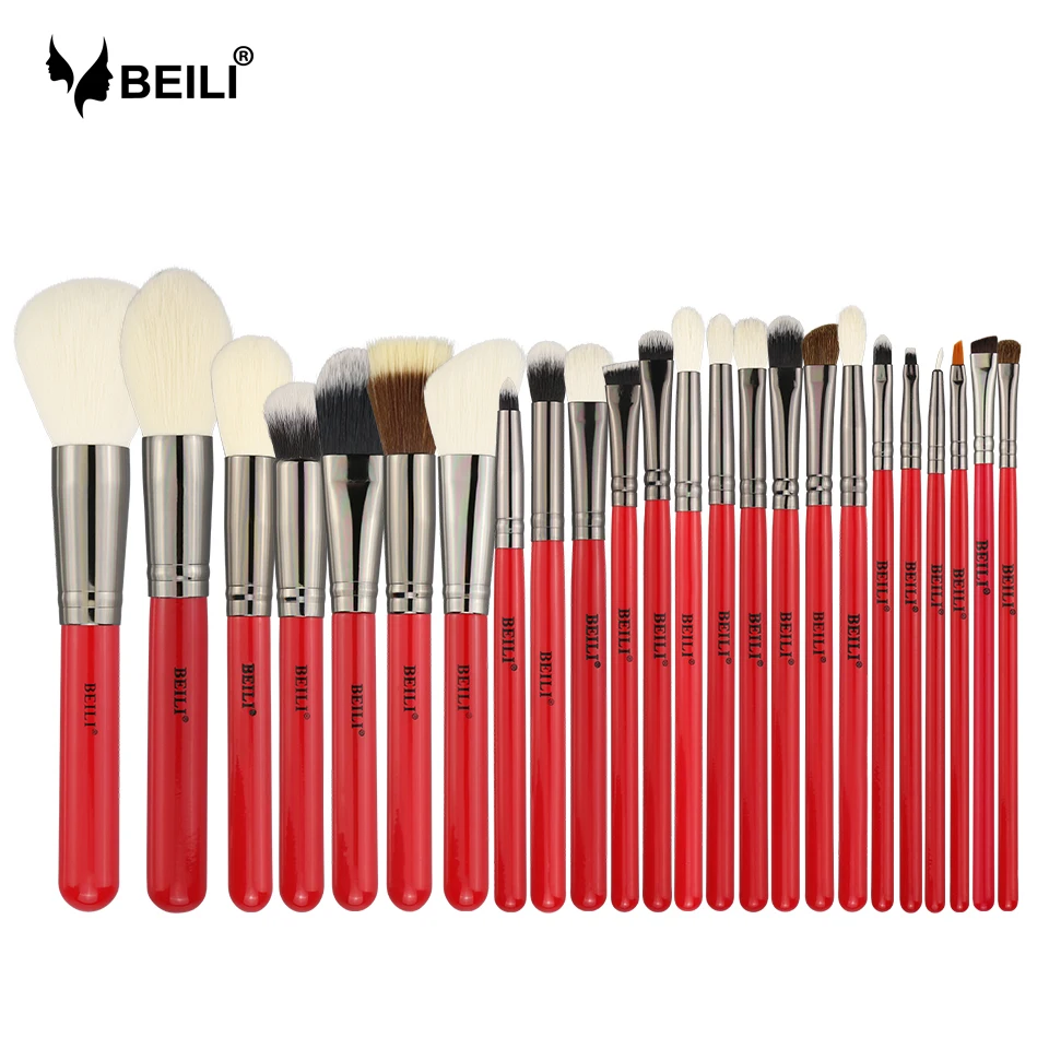 Beili Red 24pcs Professional Makeup Brushes Set Natural Hair