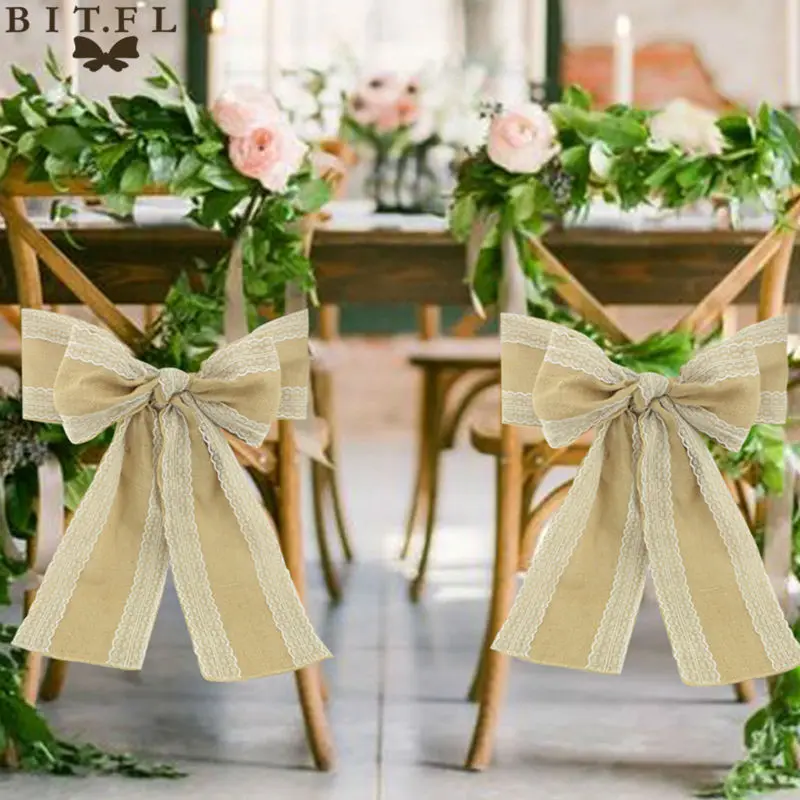 2Pcs/lot 7"*108" Naturally Elegant Burlap with Lace Tirm Chair Sashes
