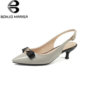 

BONJOMARISA Brand Design Genuine Leather Buckle Strap Thin Med Heels Solid Metal Decoration Shoes Woman Casual Summer Pumps
