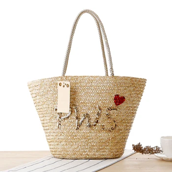 

Pws manager recommended fashion sequined letters summer holiday beach casual woven handbag straw bag shoulder bag