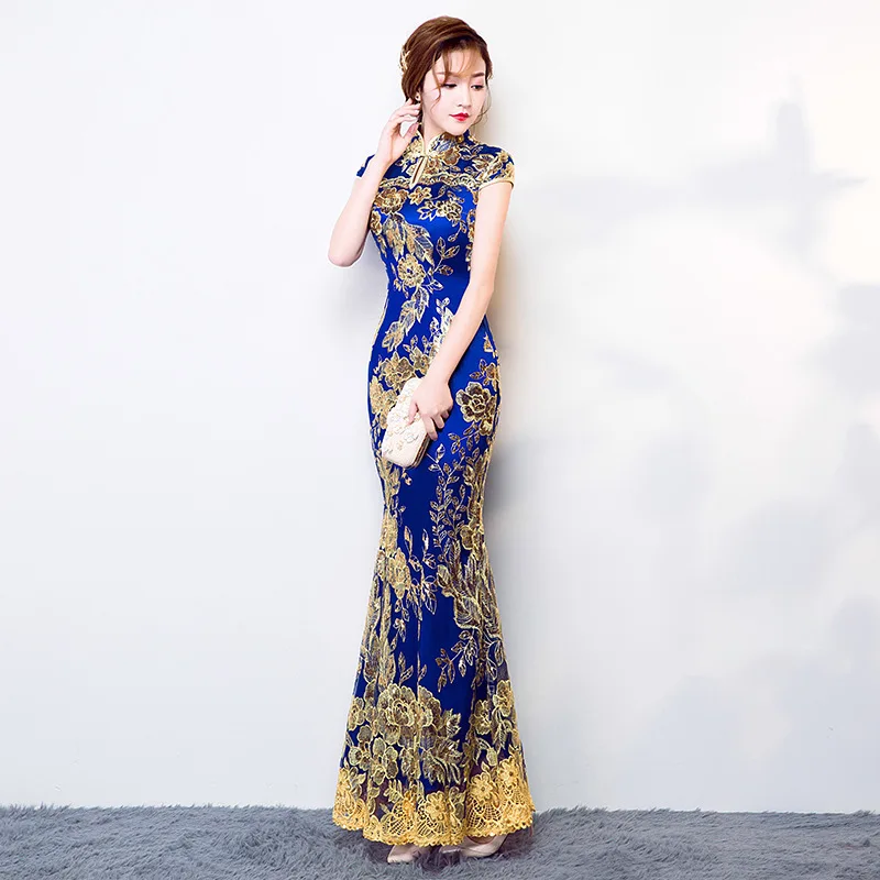 Синий Свадебная вечеринка Cheongsam Восточный вечернее платье китайское традиционное женские элегантные Qipao пикантные кружево длинное