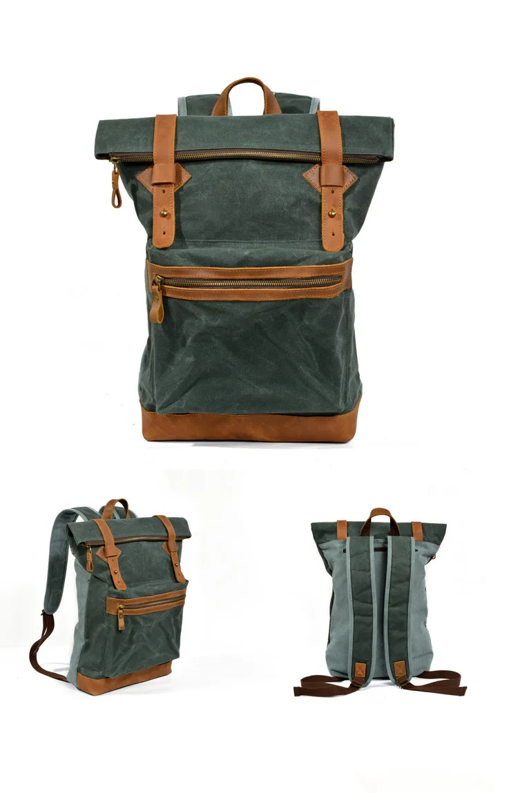 FARBANZEIGE GRÜN von Woosir Waterpro Vintage-Rucksack aus gewachstem Canvas-Leder