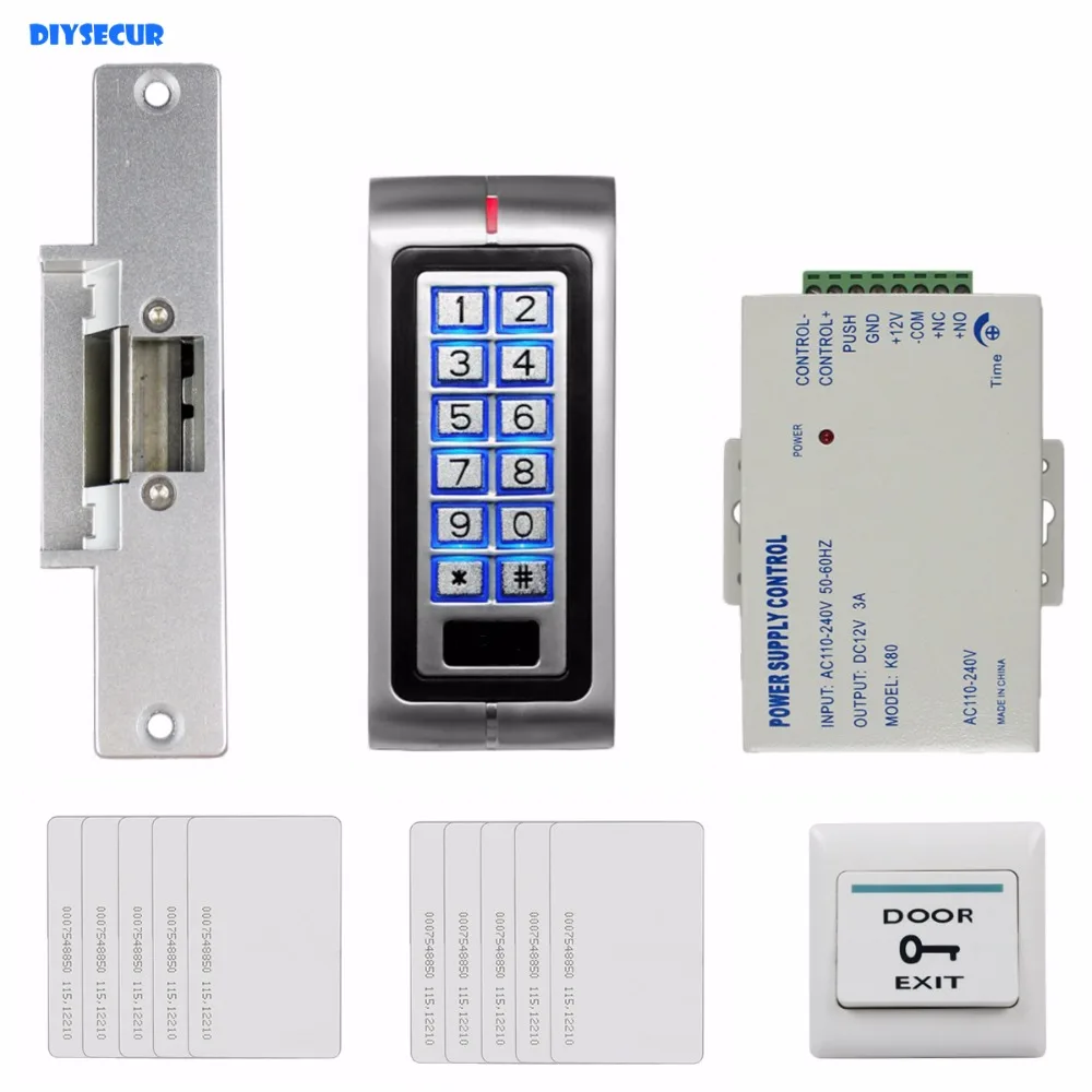 

DIYSECUR 125KHz RFID Password Keypad Access Control System Security Kit + Electric Strike Lock + Exit Button K2