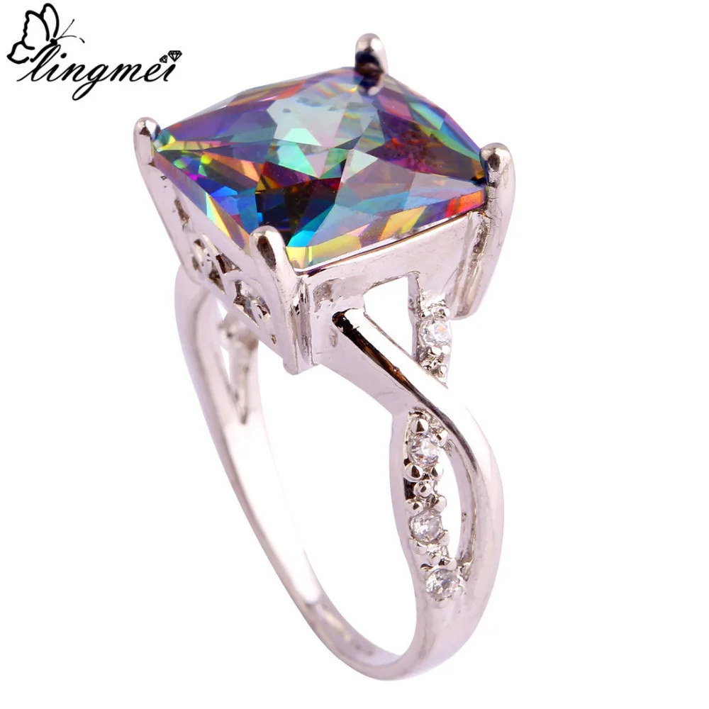 lingmei Mystic Rainbow White CZ Silver Color Ring Size 6 7 8 9 10 Fashion Jewelry Women Men Rings Free Shipping Wholesale
