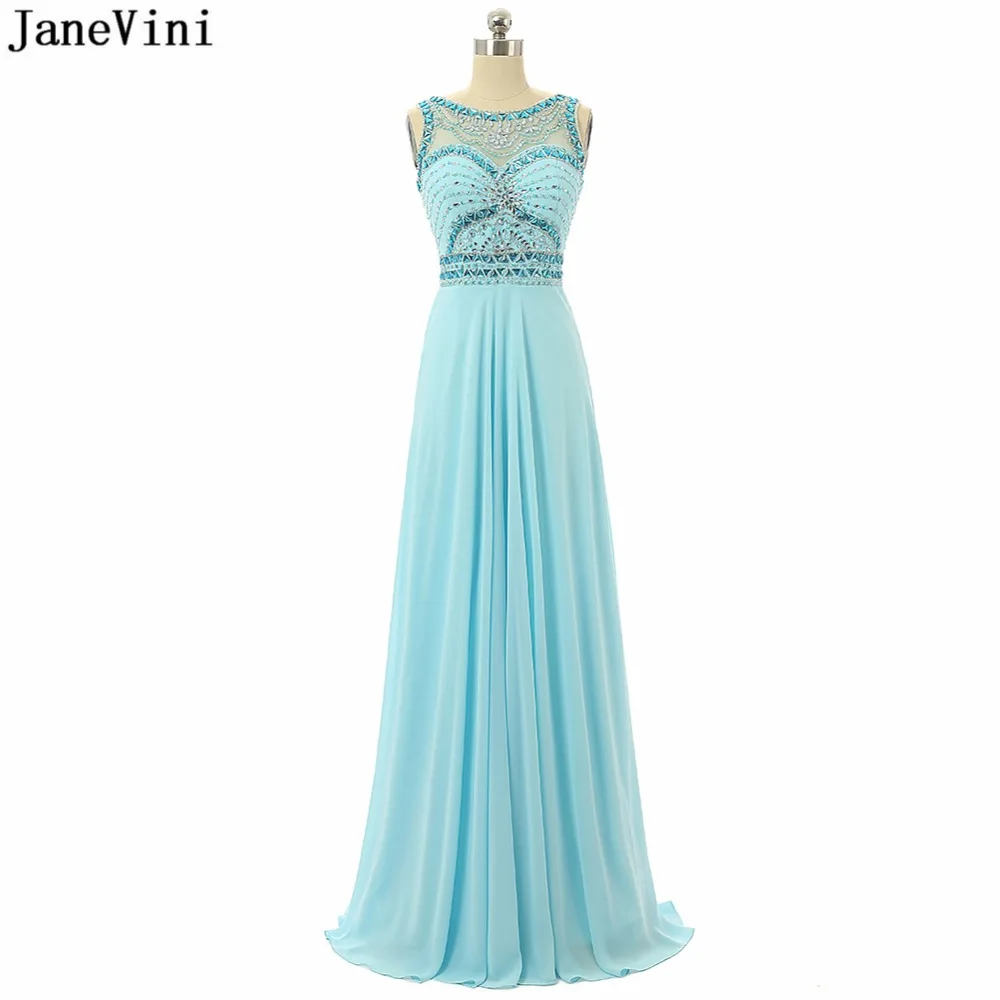 

JaneVini Elegant Light Sky Blue Chiffon Plus Size Long Bridesmaid Dresses Scoop Neck Beading Backless A Line Wedding Party Gowns