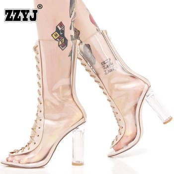 2017 European brand design  PVC Transparent crystal heels 10CM New High Heels Shoes Summer Hollow Out Short Boots Woman Sexy