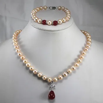 

anniversary! Wholesale Women's pink pearl pendant Necklace bracelet jewelry set #254