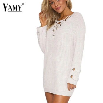

Sexy lace up Christmas sweater V neck women sweaters and pullovers female long knitted sweater Winter Autumn pull femme hiver