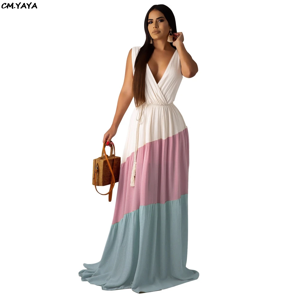 

2019 new women summer deep v-neck sleeveless patchwork high waist maxi dress beach bohemian party long dresses vestidos GLD9142