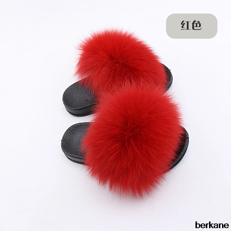 Real Fox Slippers Kids Winter Fur Child Home Slides Girl Flop Flips Raccoon Fluffy Cute Flats Beach Summer Children Boys Fashion
