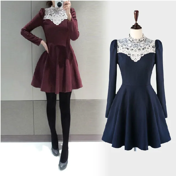 2016 Новая Зимняя Платье Кружева Водолазка Vestidos Повседневная Женщины С Длинным
