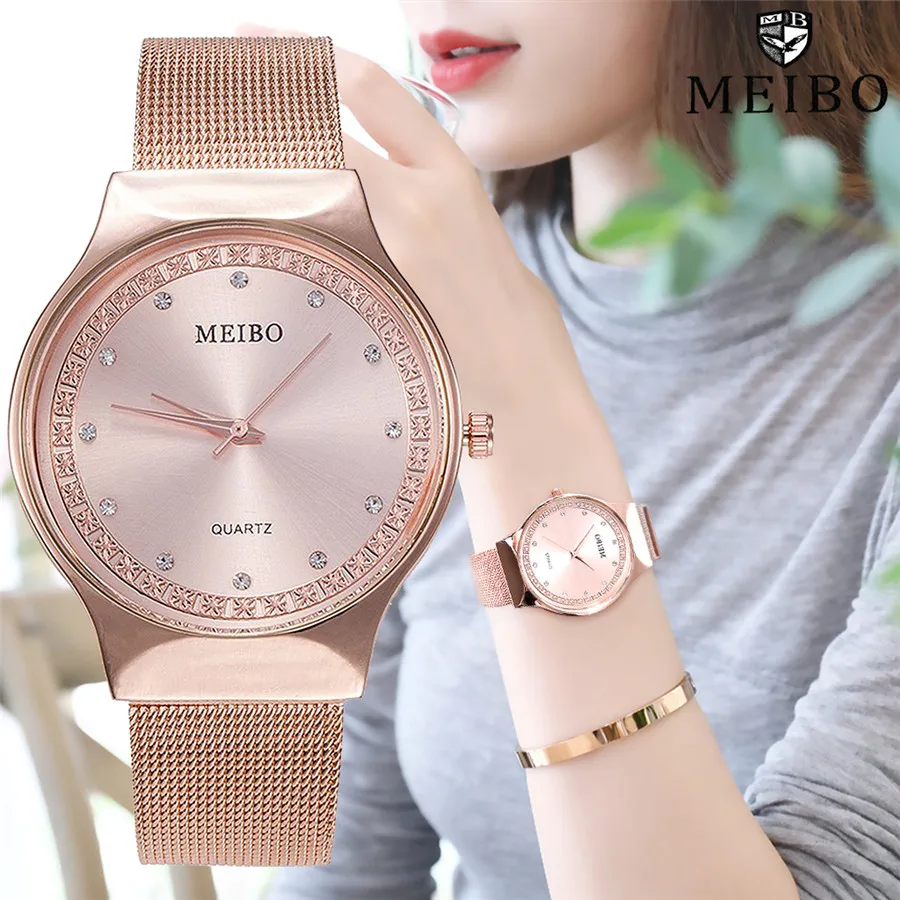MEIBO брендовые Модные женские кварцевые часы из розового золота, стразы, повседневные женские часы из нержавеющей стали, часы Relogio Feminino