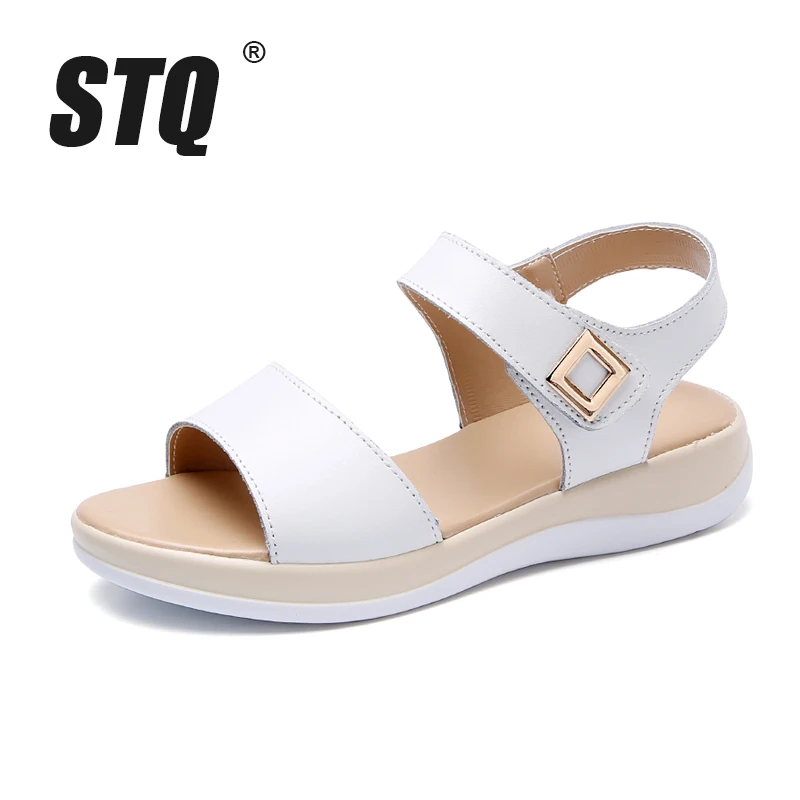 STQ/ г., летние женские сандалии из натуральной кожи на плоской подошве женские сандалии на платформе с ремешком на щиколотке женские белые пляжные сандалии, 87415
