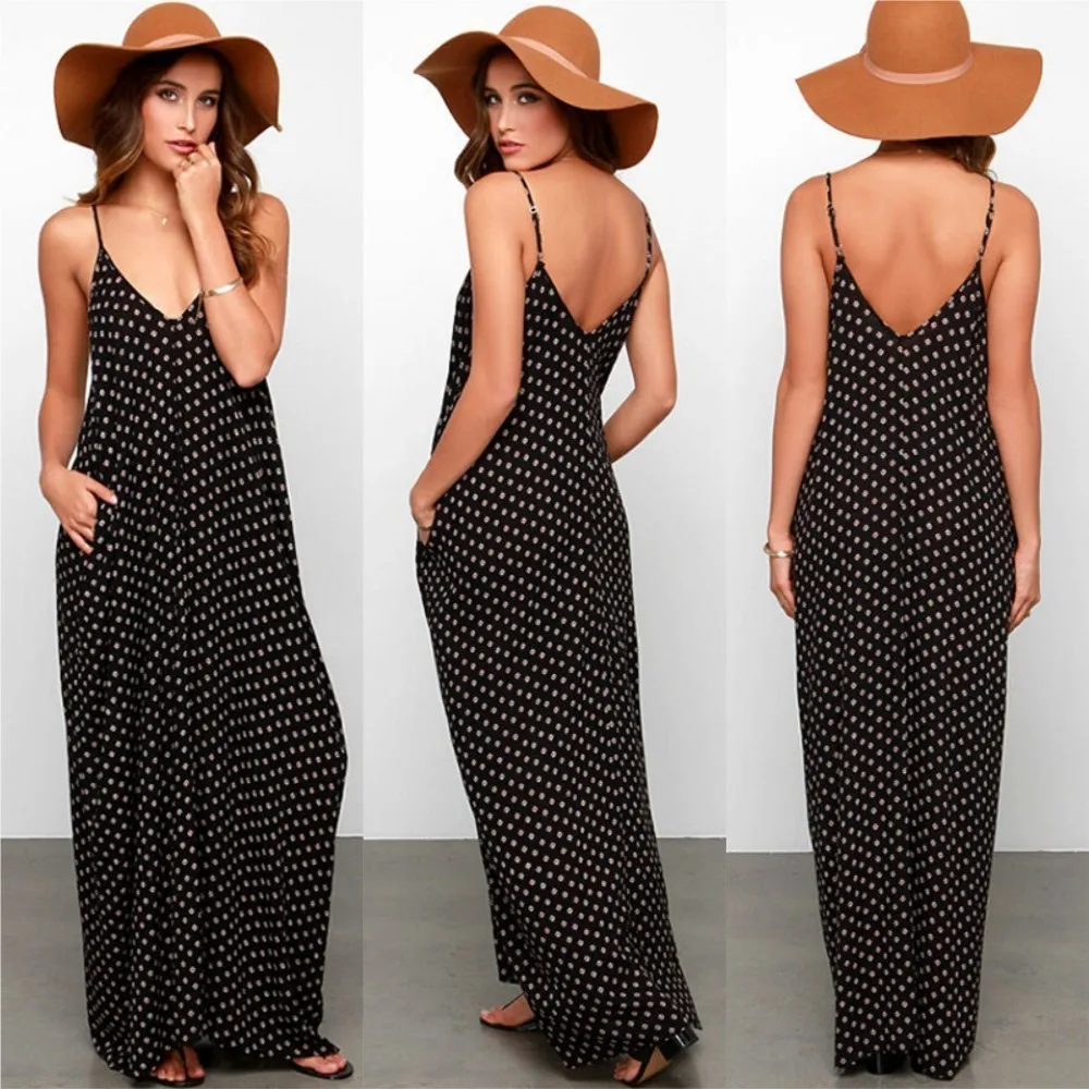

WOMEN SUMMER BOHO LONG MAXI DRESSES CASUAL DOTS BEACH DRESS SPAGHETTI STRAP WITH POCKET