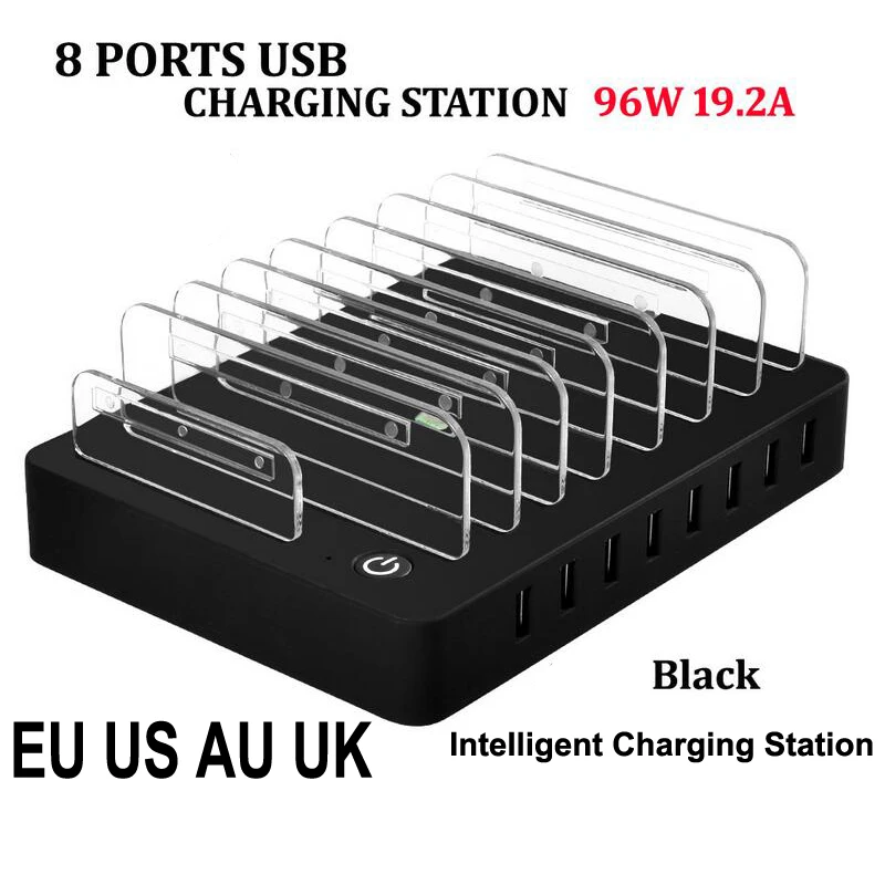 

8 Ports Desktop USB Charger 96W Multi-Function USB Charging Station Dock with Stand EU US AU UK Plug for Mobile Phone Tablet PC