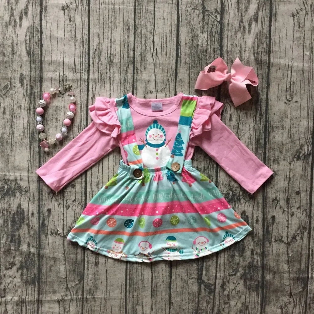 

Christmas Fall/winter baby girls clothes cotton halter pink snowman Button Straps dress boutique ruffles match necklace and bow