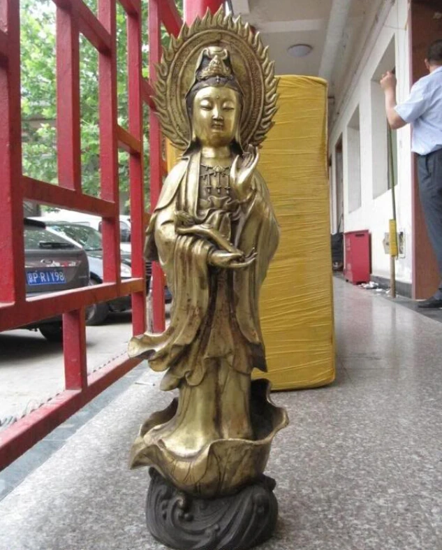 

Collectible bronze S2801 China Folk Bronze Copper lotus flower "RuYi"Kwan-Yin Guan Yin Bodhisattva Statue B0403