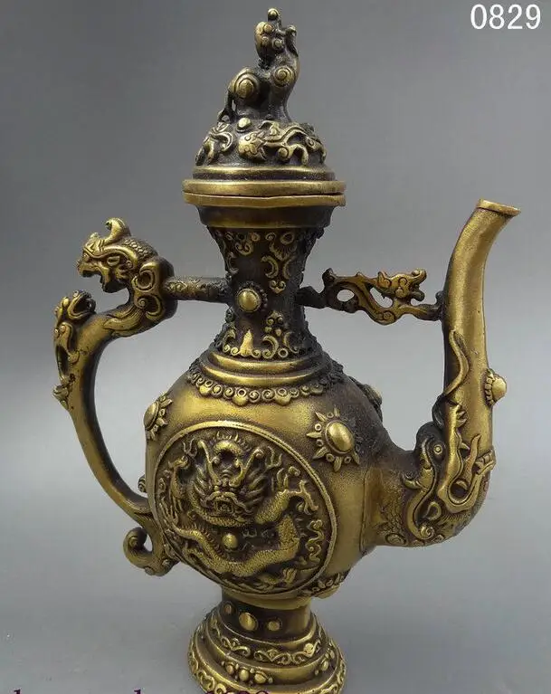 Народное искусство Китая китайская латунь JiXiang Fly Dragon Pearl Beast чайник скульптура