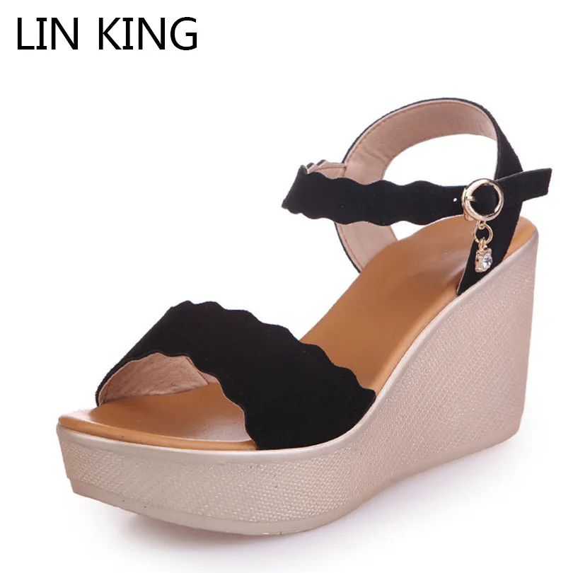 LIN KING Rome Women Sandals Buckle High Heel Gladiator Summer Shoes Wedge Open Toe Shoes Height Increasing Platform Party Shoes