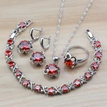 Трендовые Свадебные 925 Серебряный Красный Гранат, циркон, цветок, наборы свадебных ювелирных изделий серьги/ожерелье/браслет и кольцо