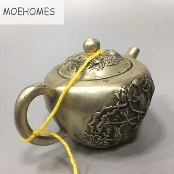 

MOEHOMES China Collectible home Decorate Old Tibet silver carving Pond lotus statue tea pot metal crafts