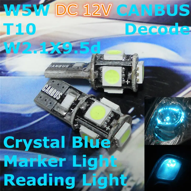 

12V LED CANBUS Decode Crystal Blue Color LED Car Bulb Lamp T10(5*5050 SMD) W5W W2.1X9.5d for Clearance Width Light