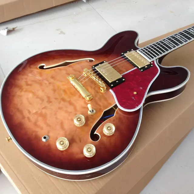 Best price at $262 Cheap New style Free Shipping ES 335 50th Anniversary 1963 ES-335 semi hollow body electric guitar qulited maple top ,gold hardware
