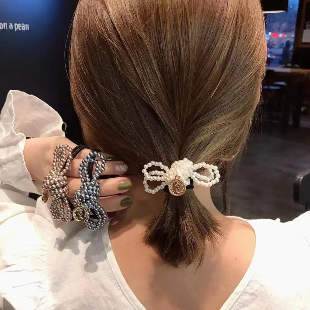 

M MISM Vintage Pearls Bow-knot Scrunchie Women Girls Modis Knitted Hair Accessories Cute Elastic Rubbler Hair Bands For Women