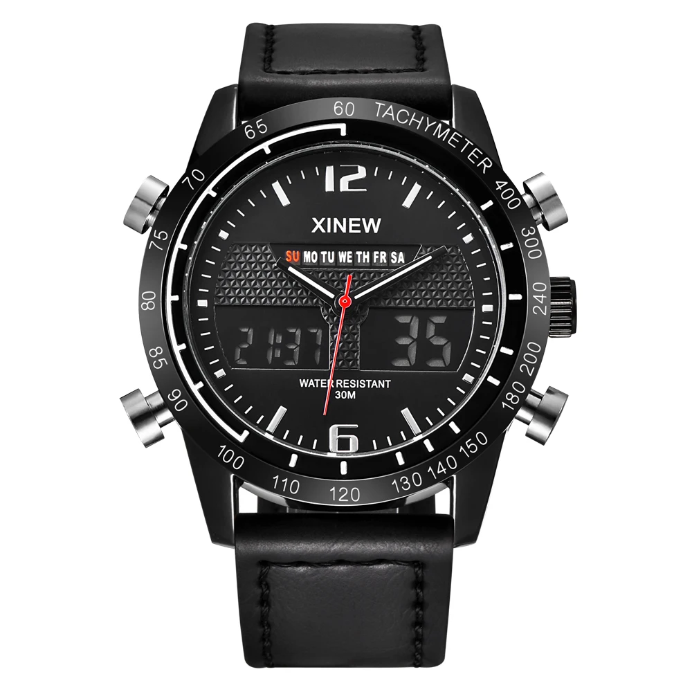 

XINEW Brand Luxury Men Chronograph Digital LED Quartz Outdoor Sports Watches Leather Band Military Relogio Masculino Clock 9024