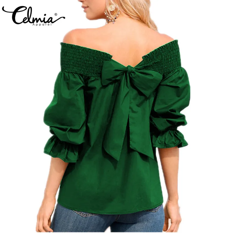 Celmia Women Summer Strapless Blouse Tops 2017 Sexy Off Shoulder Bowknot Solid Tops Shirts Plus Size Casual Blusas - 32810445566