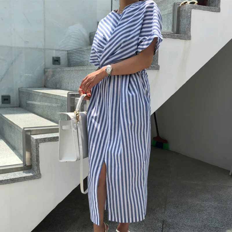 

Plus Size New 2019 Women Summer Dress Blue Striped Bandage Split Long Dress Female Casual O-neck Long Bodycon Vestido Robe Femme
