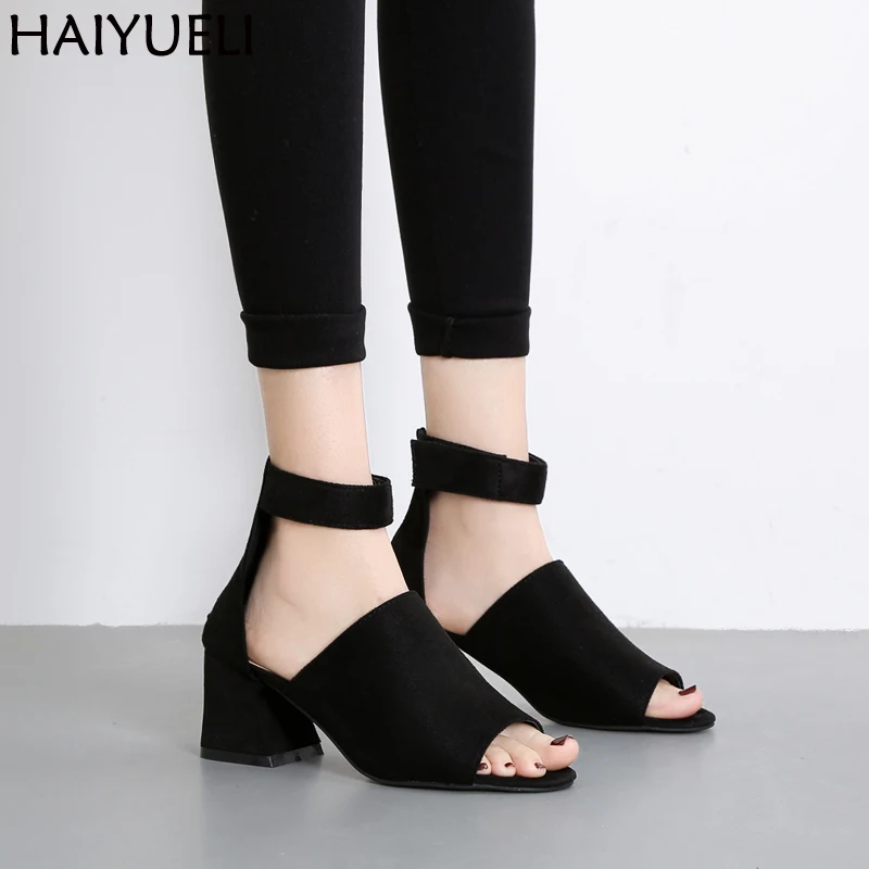 

Fashion Women 6cm Thick Heels Shoes Retro Suede Sandals Summer High Heels Sandals Black Apricot Ladies Shoes And Sandals