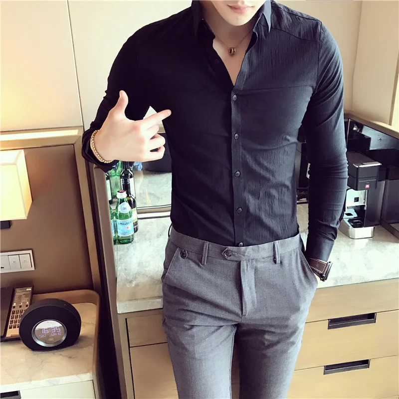 

British Style Men Shirt Autumn Winter New Mens Slim Fit Casual Shirts 2019 Simple Solid Long Sleeve camisa social masculina Sale