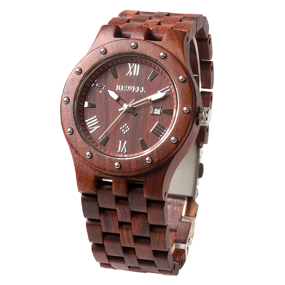 

BEWELL Latest Natural Wooden Watch Round Face Wood Strap Japan Movement Quartz Watch with Calendar Men Watches in Gift Box 109A